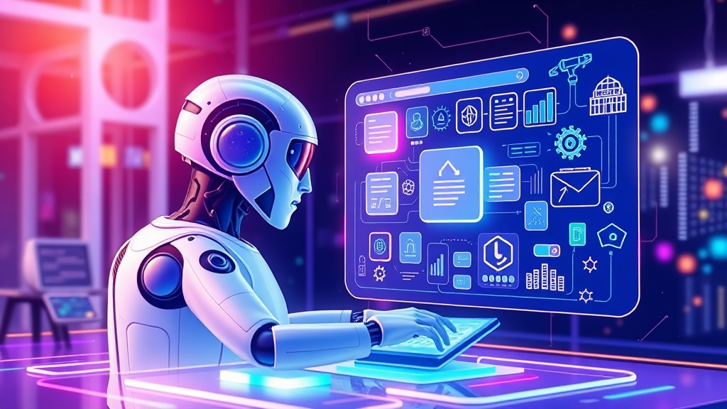 An autonomous AI agent managing various digital marketing tasks on a futuristic holographic interface, symbolizing efficiency and advanced automation in marketing workflows.