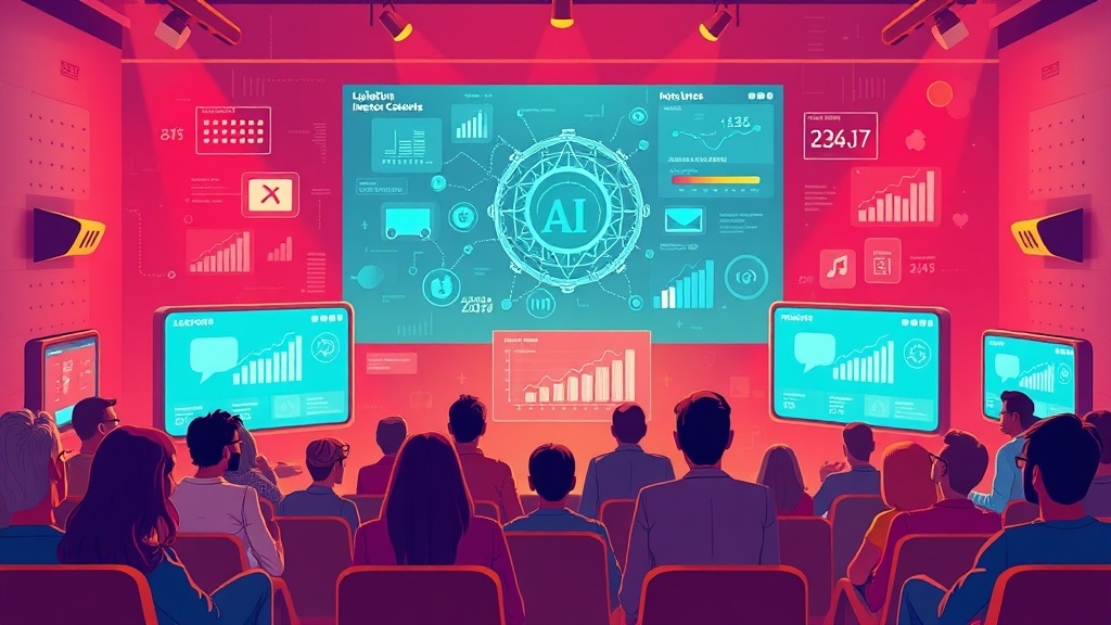 An illustration showing AI algorithms analyzing video content, surrounded by various metadata elements, engagement metrics, and a diverse audience watching on multiple screens.