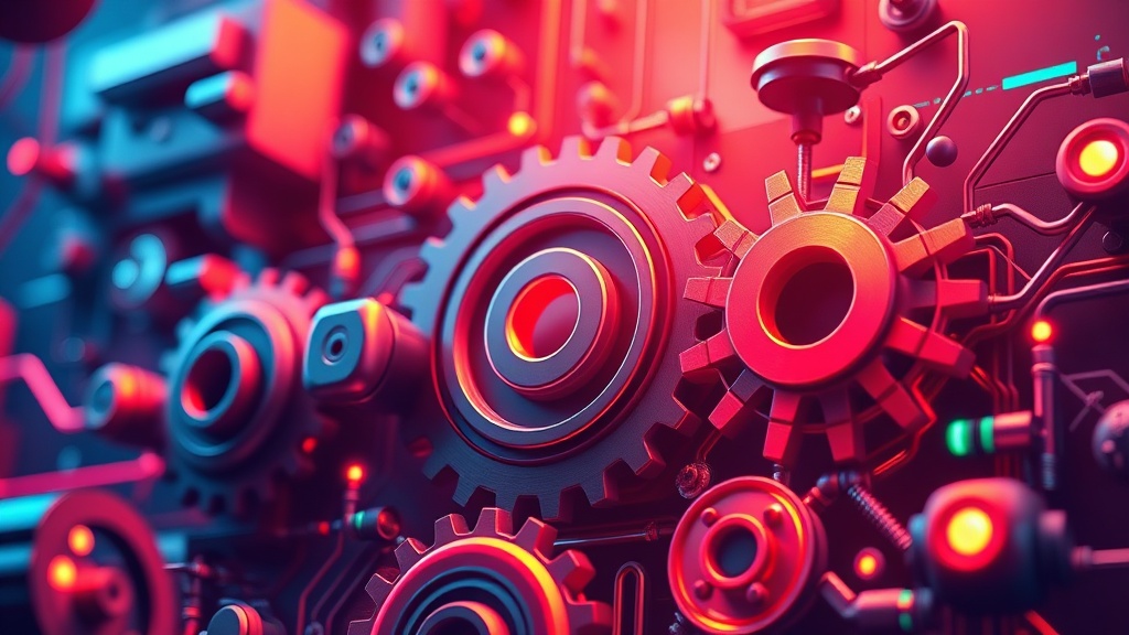 A stylized graphic representing Meta's Advantage+ automation with gears and interconnected elements, symbolizing efficiency and intelligent optimization in digital advertising.