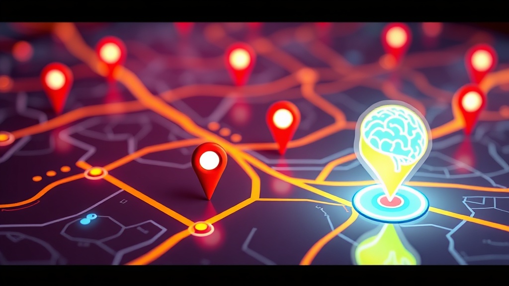 A stylized map interface with search pins and a glowing AI brain icon representing Gemini's influence on local search and Google Maps optimization.