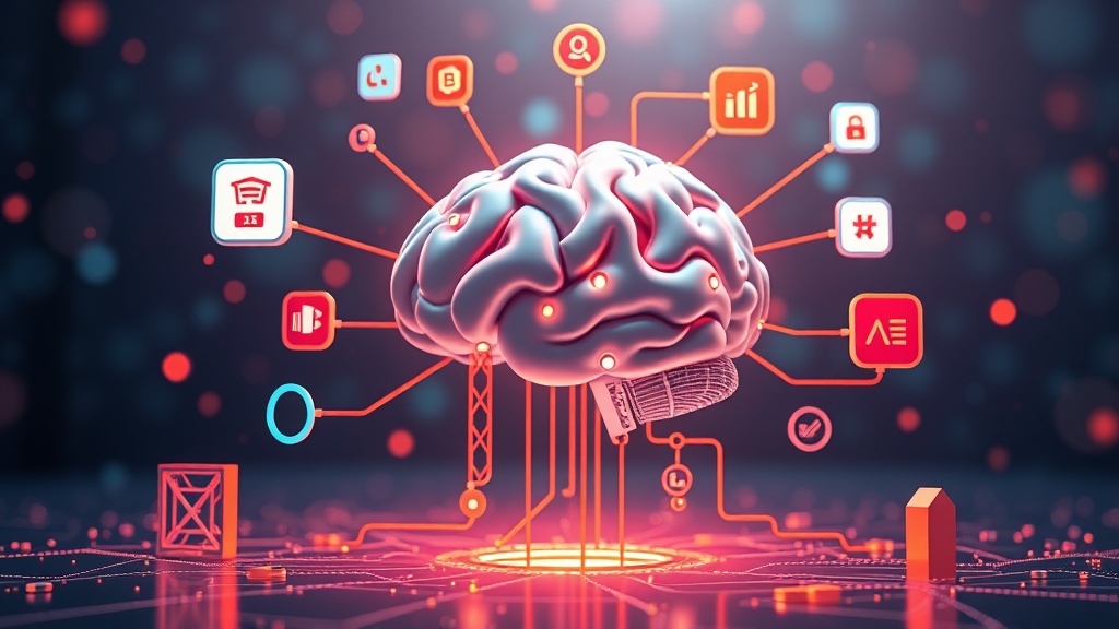 An abstract digital illustration depicting a stylized brain connected to various data points and search icons, symbolizing AI processing and synthesized search results impacting brand authority.