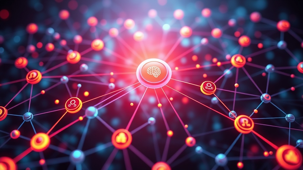 Abstract network of interconnected data nodes representing knowledge graphs and semantic relationships, with icons of artificial intelligence and search magnifying glasses, illustrating content optimization for LLMs and ChatGPT.