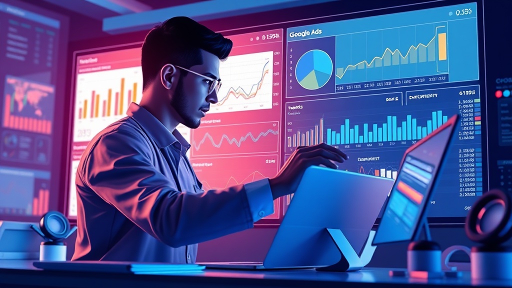 A professional analyzing Google Ads data on a dashboard, with graphs and metrics indicating real-time campaign performance and optimization opportunities.
