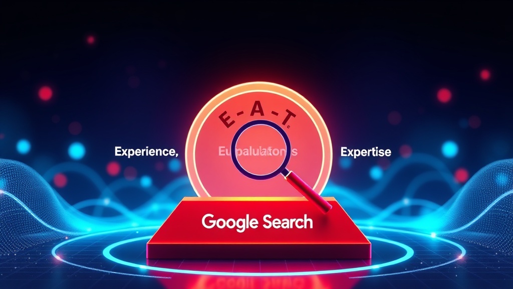 Diagram showing the four interconnected pillars of E-E-A-T: Experience, Expertise, Authoritativeness, and Trustworthiness, with a magnifying glass icon over 'Google Search' representing evaluation.