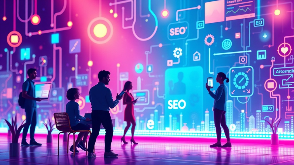 People connecting through storytelling, with digital elements representing SEO strategies in the background