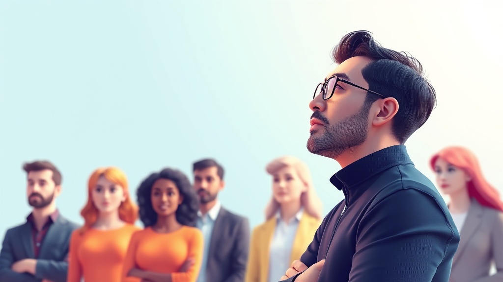 New-age founder looking thoughtfully at a diverse team, representing deliberate hiring and sustainable growth.