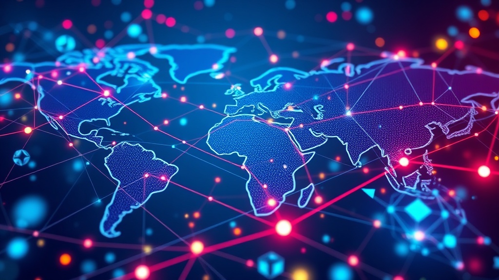 Digital illustration of interconnected global trade networks powered by artificial intelligence and blockchain technology, representing Marqx Wisdom and autonomous protocols.