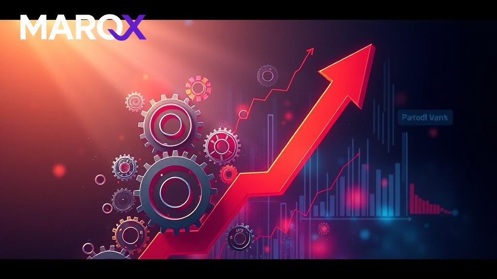 A stylized graphic showing gears and data points converging to a growing upward arrow, representing efficient, technology-driven growth with a smaller, focused team.
