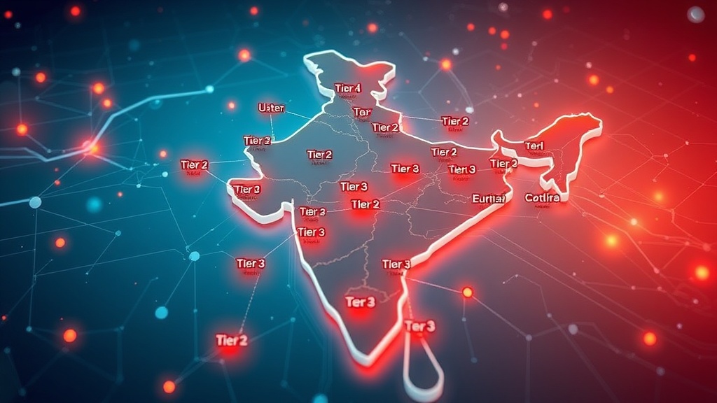 Digital map of India highlighting Tier 2 and Tier 3 cities with personalized data streams flowing to them, symbolizing hyper-personalization for the Bharat market.