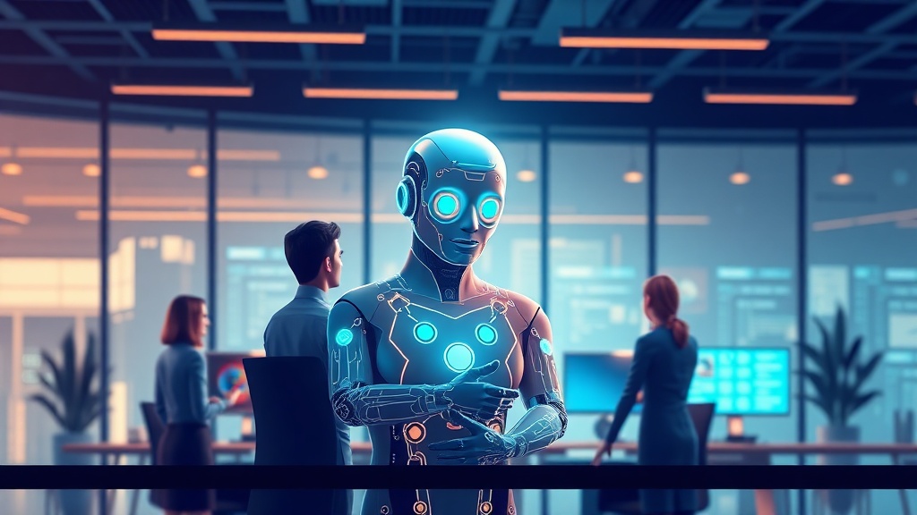 A stylized digital human figure representing an AI agent collaborating with traditional human employees in a modern, tech-enabled office environment, signifying the integration of AI into the workforce.