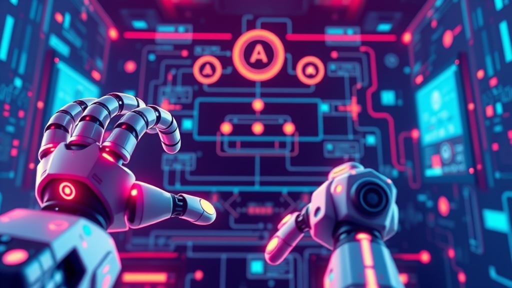 A futuristic visual representing automation and creativity, perhaps robotic hands assisting human designers with digital interfaces or a complex workflow diagram with automated elements.