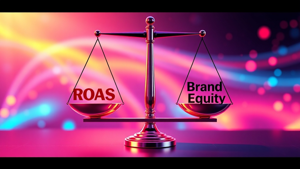 An illustration symbolizing a balance scale, with 'ROAS' on one side and 'Brand Equity' on the other, representing the strategic balance a 10-year brand must maintain.