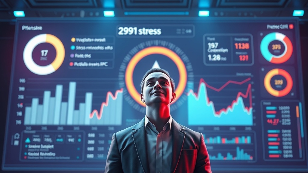 A visionary CEO, looking calm and focused, standing in front of a holographic dashboard displaying optimized business metrics, representing stress automation.