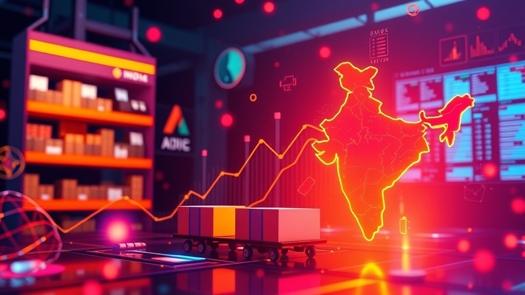 A visual representation of data analytics and supply chain operations, with elements of AI, machine learning, and a map of India, symbolizing predictive logistics solving inventory issues.