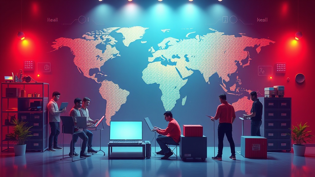 Global D2C brand leveraging 'Make in India' tech protocol, showing a diverse team working on e-commerce, manufacturing, and logistics platforms with a world map overlay