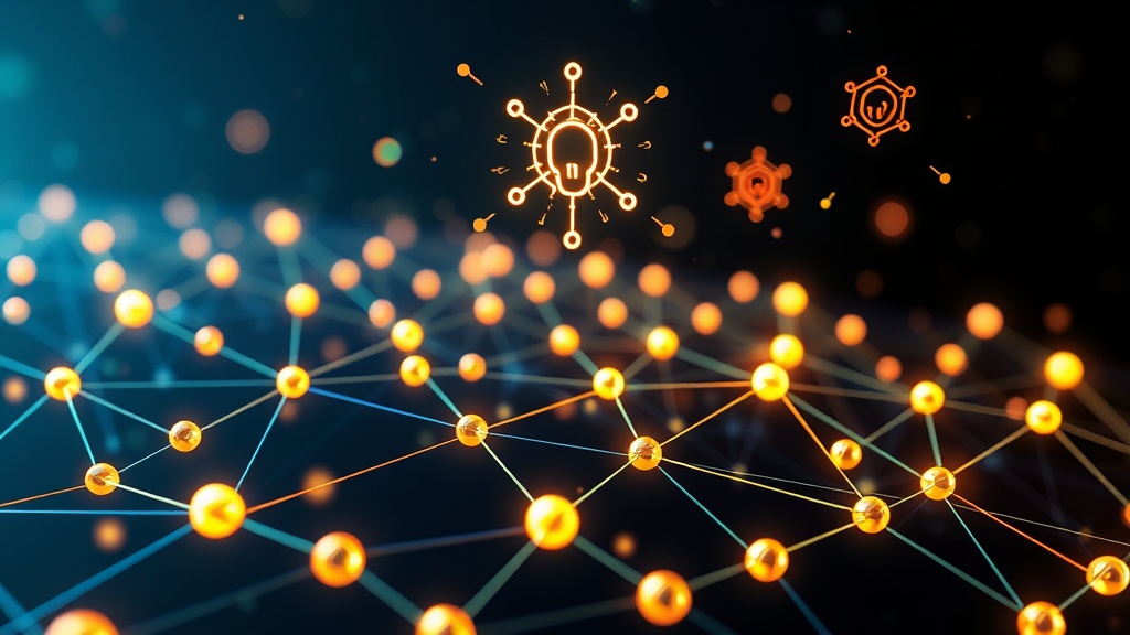 Illustration depicting a network of interconnected entities, signifying a knowledge graph, with generative AI symbols hovering above, representing the shift from traditional backlinks to entity authority in SEO.