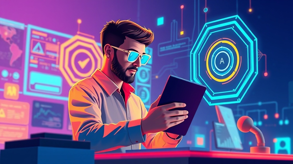 A digital marketer interacting with futuristic AI interfaces, symbolizing skill adaptation for the AI era