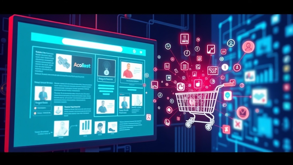 Generative AI creating diverse e-commerce product descriptions on a digital screen, symbolizing content automation and personalization.