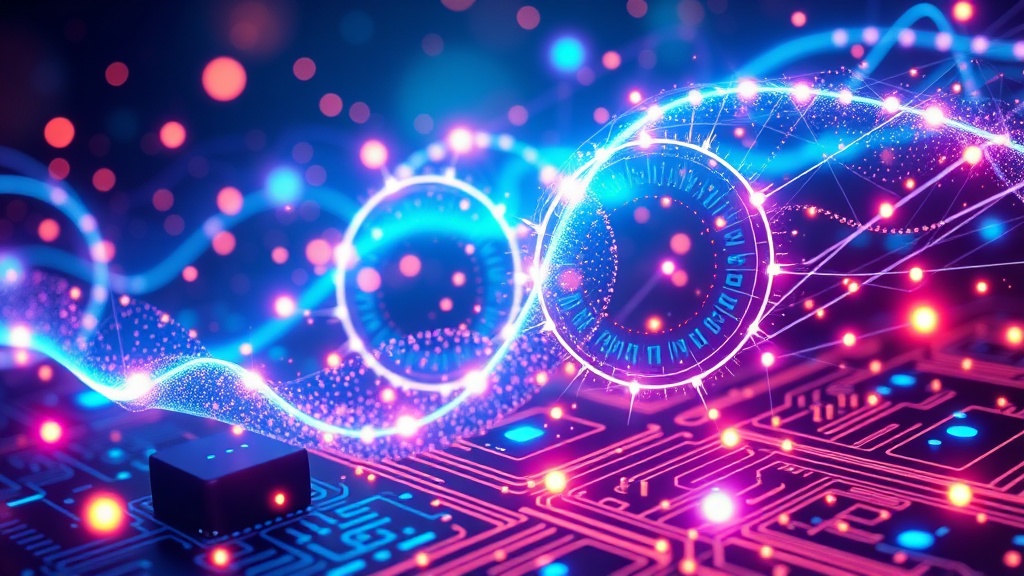Illustration depicting quantum entanglement and superposition, with glowing qubits representing the complex and interconnected nature of quantum computing systems, overlaid with futuristic circuit designs.