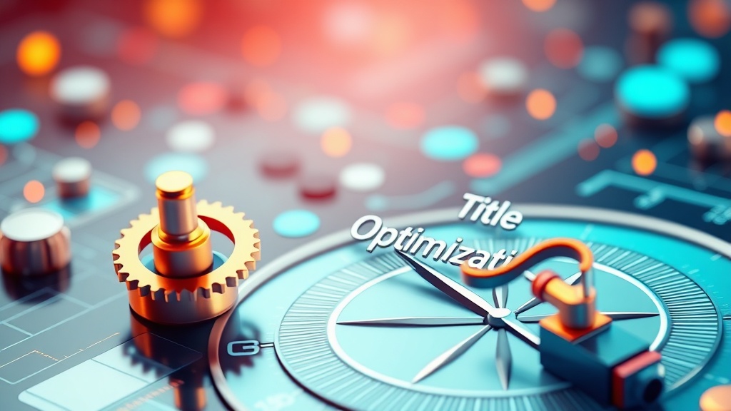 A digital compass pointing to 'Title Optimization' with gears and magnifying glass icons, representing strategic titling for digital success across SEO, AEO, GEO, and AIO.