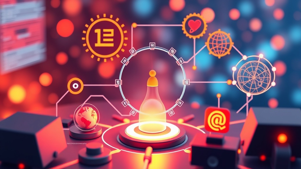 Illustration of interconnected digital strategy components including search engine optimization, answer engine optimization, geographic optimization, and artificial intelligence optimization symbols