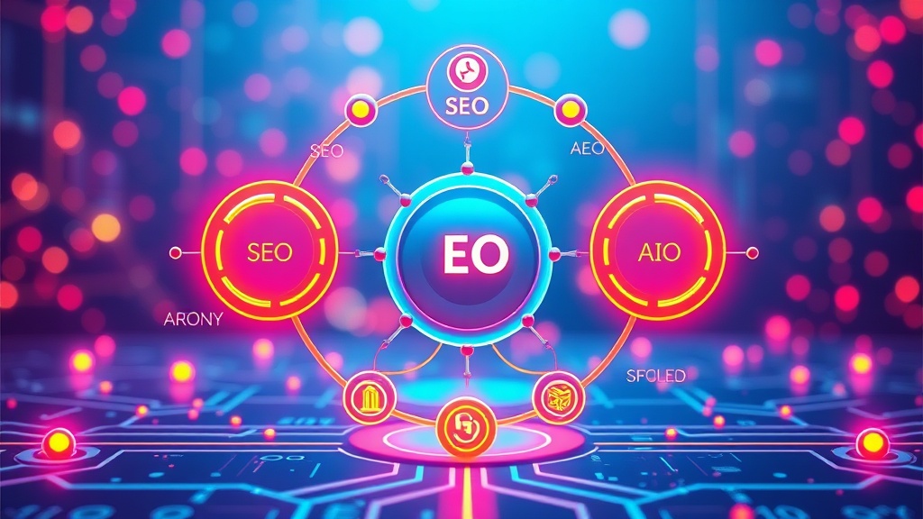 A complex digital ecosystem diagram showing interconnected nodes representing SEO, AEO, GEO, and AIO, symbolizing a holistic content architecture.