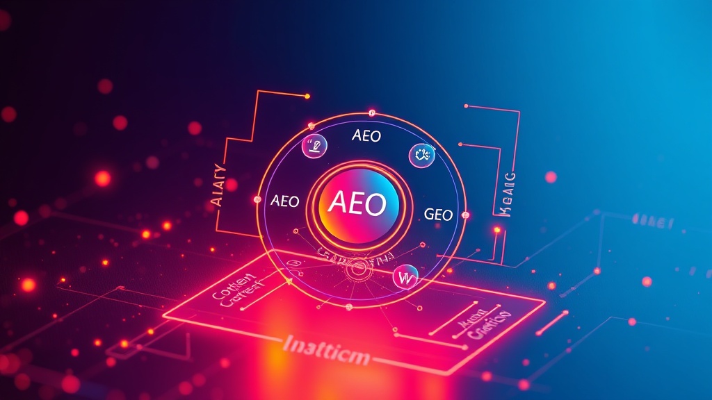 Diagram illustrating the interconnectedness of AIO, AEO, GEO, and SEO forming a Quadra-Optimization Matrix for digital content