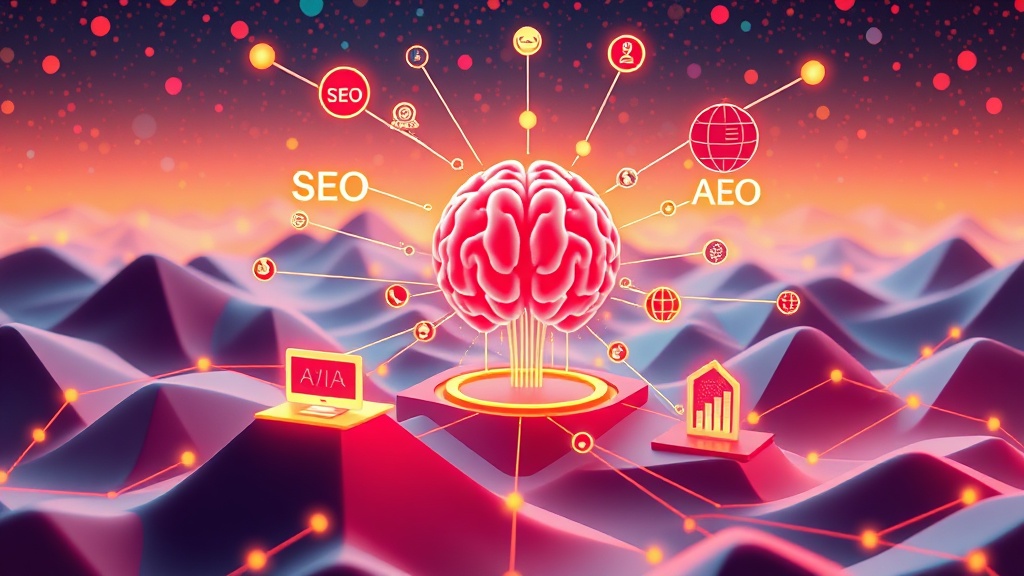 Digital landscape with interconnected icons representing SEO, AEO, GEO, and AIO, all converging into a central AI brain, symbolizing a unified content strategy.