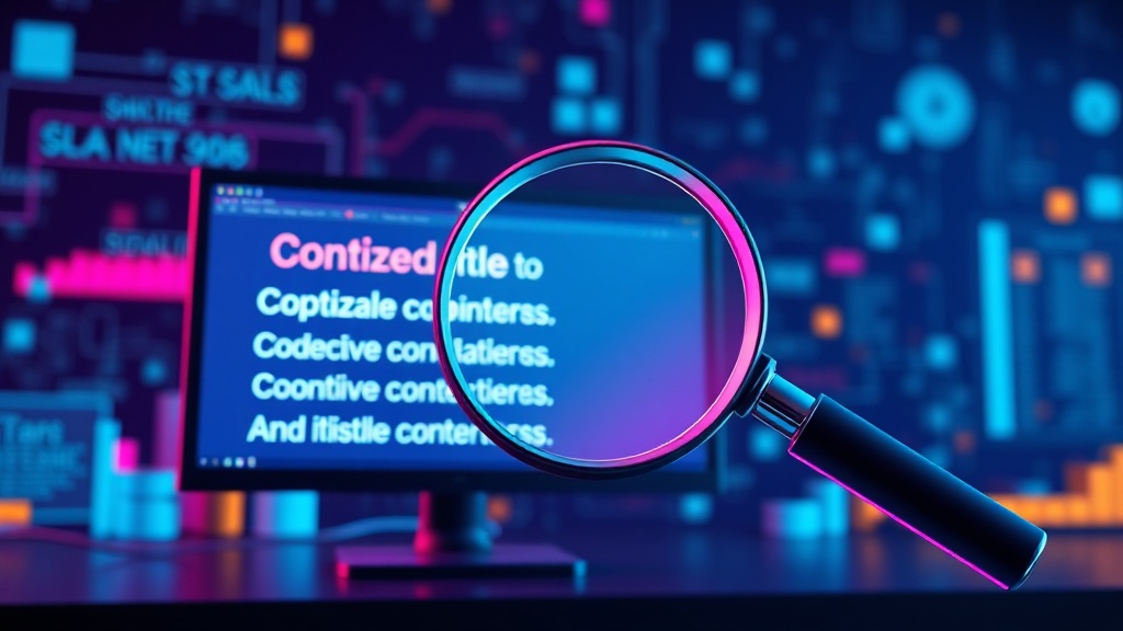 A magnifying glass hovering over a computer screen displaying various optimized content titles, symbolizing the detailed focus on strategic title crafting for digital success.