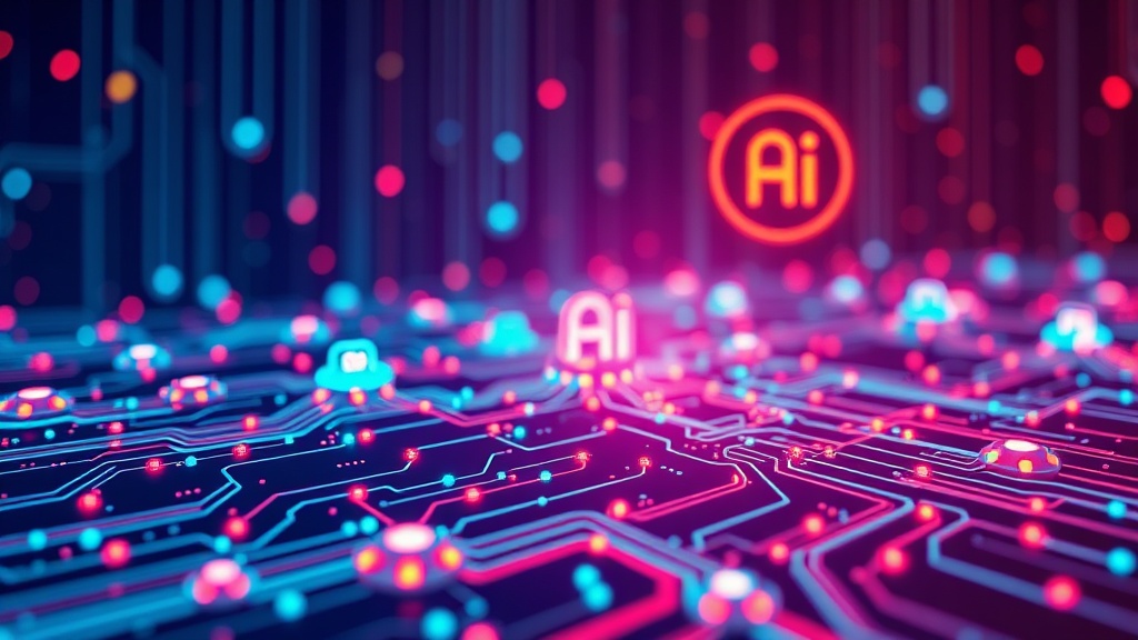 Abstract image showing interconnected digital circuits and AI symbols, representing artificial intelligence driving enterprise digital transformation.