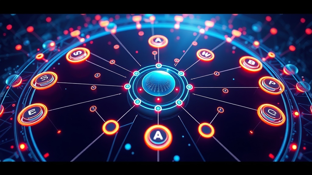 A complex digital ecosystem visualization showing interconnected nodes representing SEO, AEO, GEO, and AIO strategies with data flow lines and a central unifying element.
