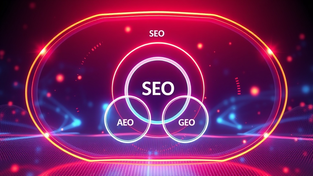 Diagram illustrating the synergistic relationship between SEO, AEO, GEO, and AIO, with interconnected circles representing a unified digital marketing strategy