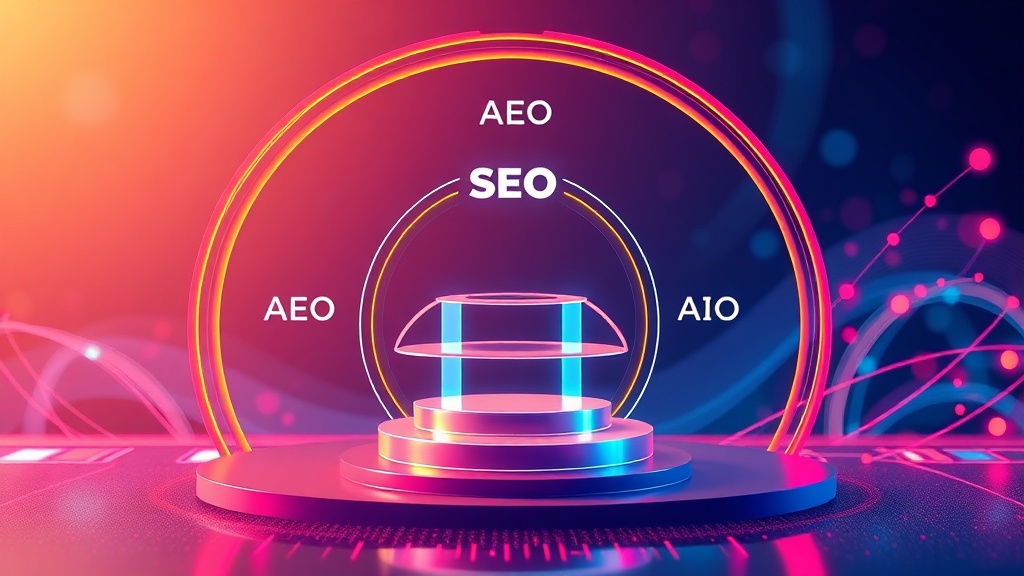 Diagram illustrating the interconnectedness of SEO, AEO, GEO, and AIO pillars in a holistic digital content strategy.