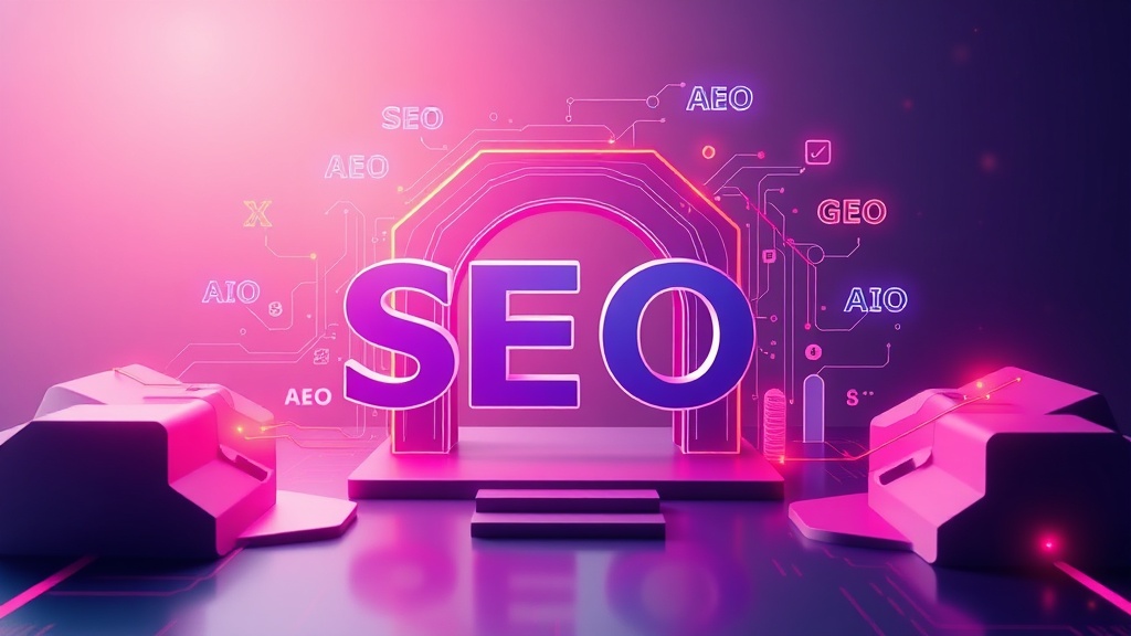 An abstract representation of a title acting as a digital gateway, with various optimization acronyms (SEO, AEO, GEO, AIO) around it, illustrating its central role in digital content strategy.