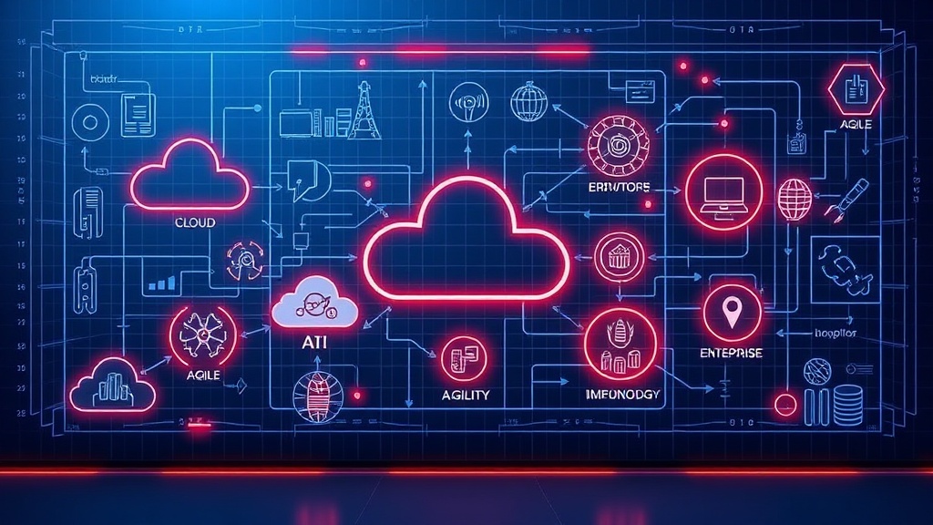 Blueprint diagram illustrating interconnected elements of digital transformation, including cloud, AI, data, agile methodologies, and innovation with a focus on enterprise agility.