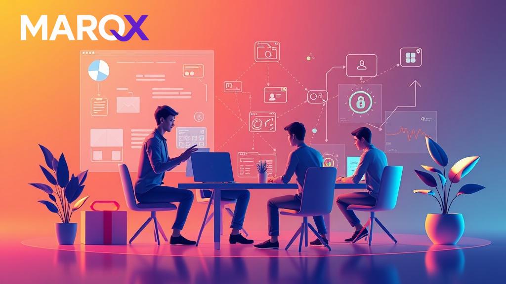 A small, agile team collaborating efficiently with digital tools and AI interfaces, symbolizing modern lean growth strategies for 2025