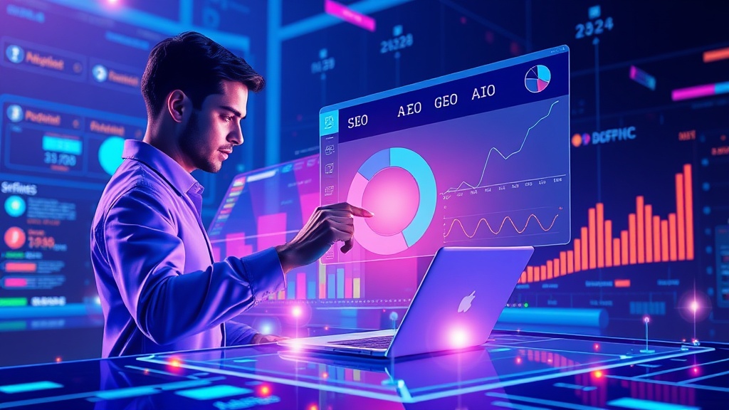 Digital strategist analyzing data on a holographic interface, representing advanced content optimization strategies for SEO, AEO, GEO, and AIO.