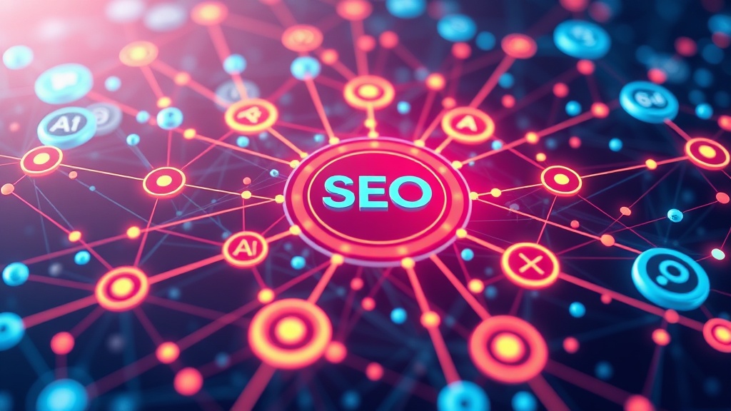 An intricate digital network diagram illustrating the interconnectedness of SEO, AEO, GEO, and AIO for comprehensive content strategy