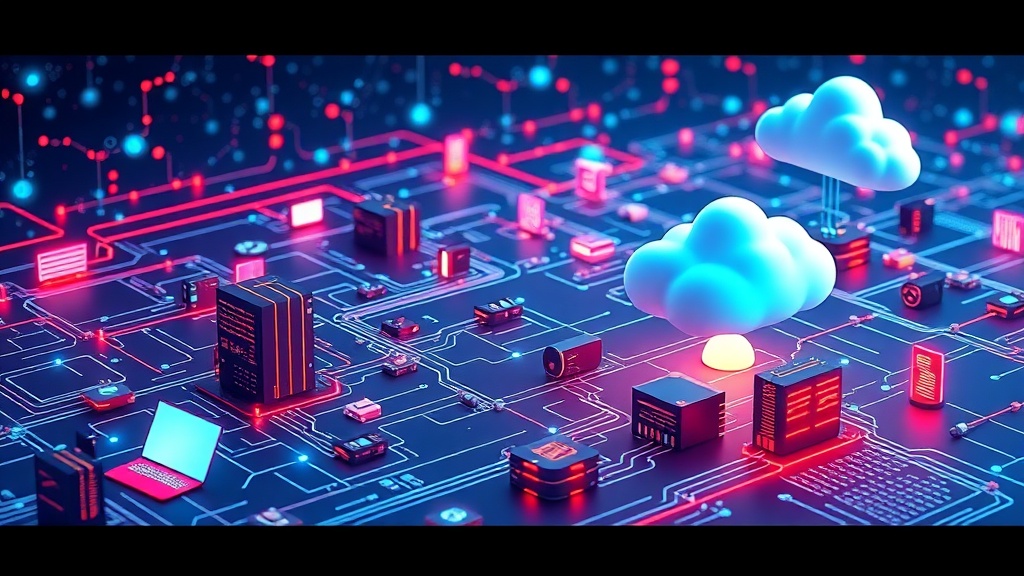 A network of interconnected devices and servers representing the edge computing paradigm, with data flowing from IoT sensors to local processing units and then to a cloud infrastructure, illustrating the cloud continuum.