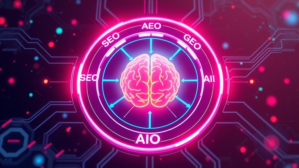 Diagram illustrating the convergence of SEO, AEO, GEO, and AIO around a central AI brain, symbolizing an integrated content strategy.