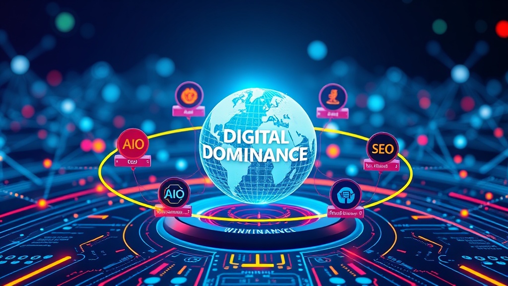 A conceptual image illustrating AI-driven content strategy, with icons representing AIO, AEO, SEO, and GEO orbiting a central 'Digital Dominance' globe, highlighting intelligent content architecture.