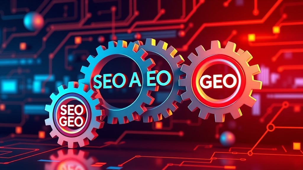 Illustration representing four interconnected gears labeled SEO, AEO, GEO, and AIO, symbolizing a unified digital strategy for market dominance.
