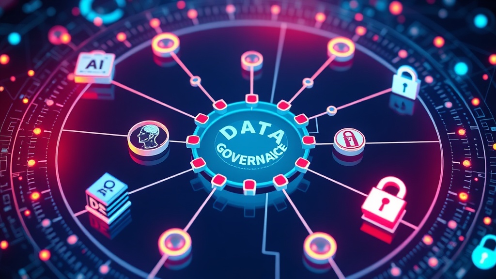 Infographic showing interconnected elements of data governance: a central data hub, with spokes leading to AI, compliance regulations, security locks, and trust icons.