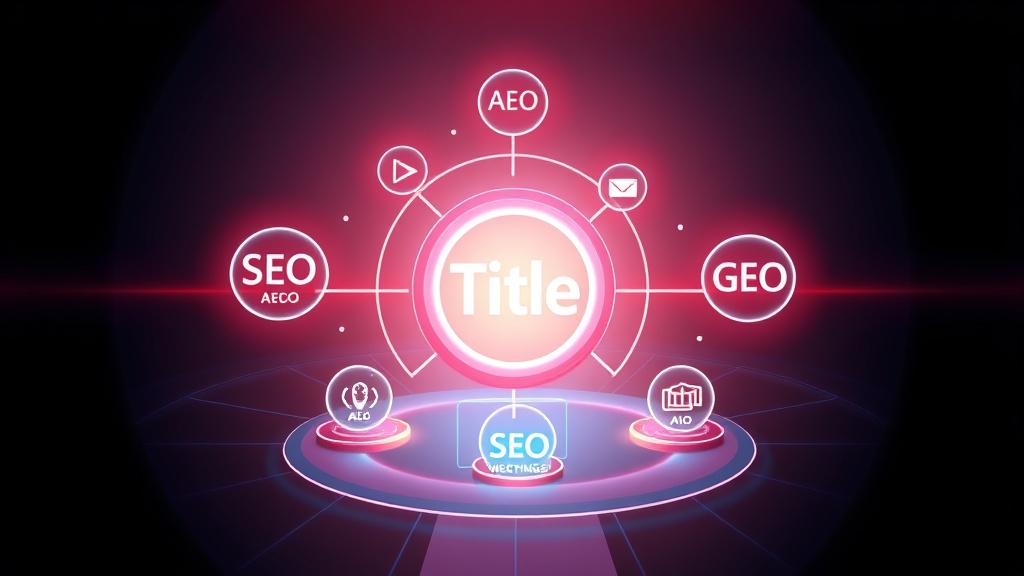 A stylized graphic showing interconnected digital optimization concepts around a central 'Title' icon, representing SEO, AEO, GEO, and AIO.