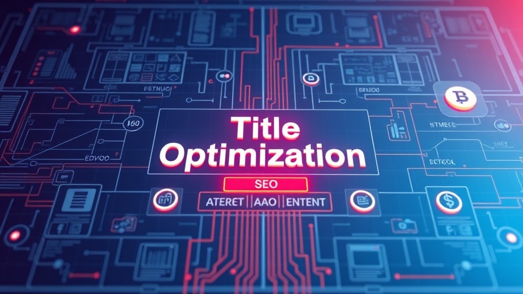A stylized digital blueprint with highlighted text 'Title Optimization' surrounded by icons representing SEO, AEO, GEO, and AIO, illustrating the strategic importance of content titles in digital architecture.