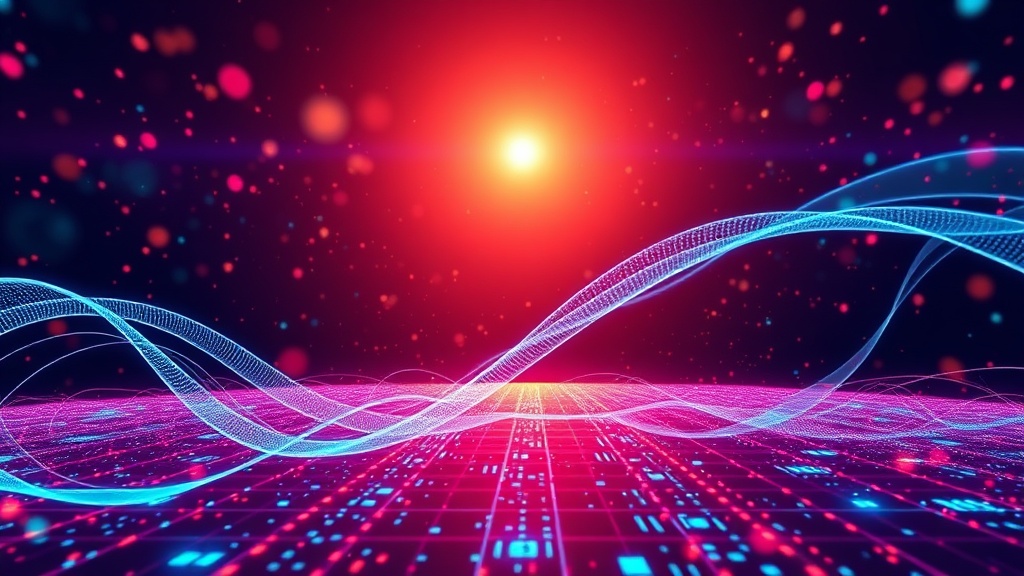 Digital horizon with intertwining data streams representing algorithmic intelligence, answer engine optimization, and geographic search, all powered by artificial intelligence