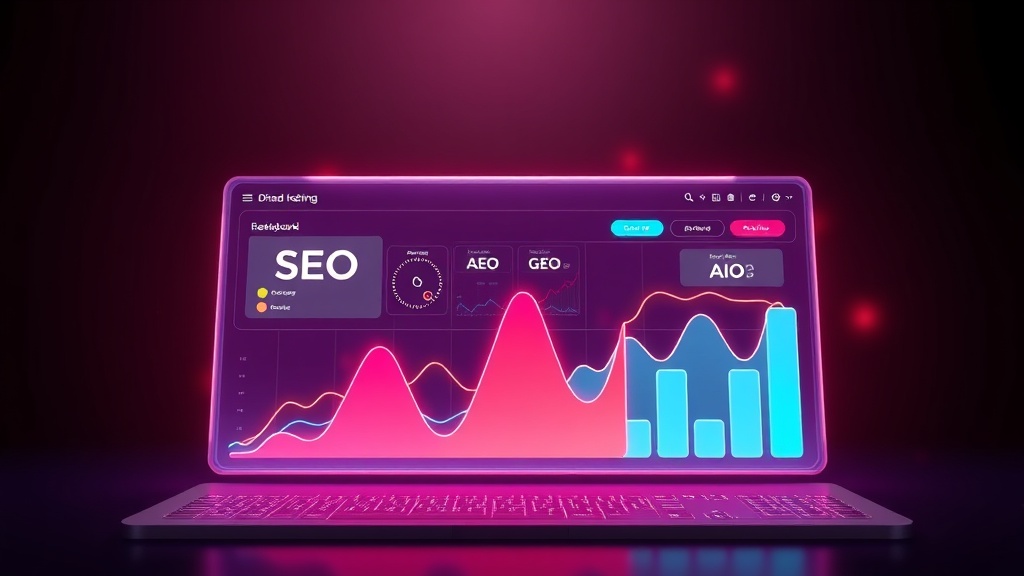 Digital marketing dashboard showing interconnected graphs for SEO, AEO, GEO, and AIO strategies, symbolizing an integrated approach to online presence
