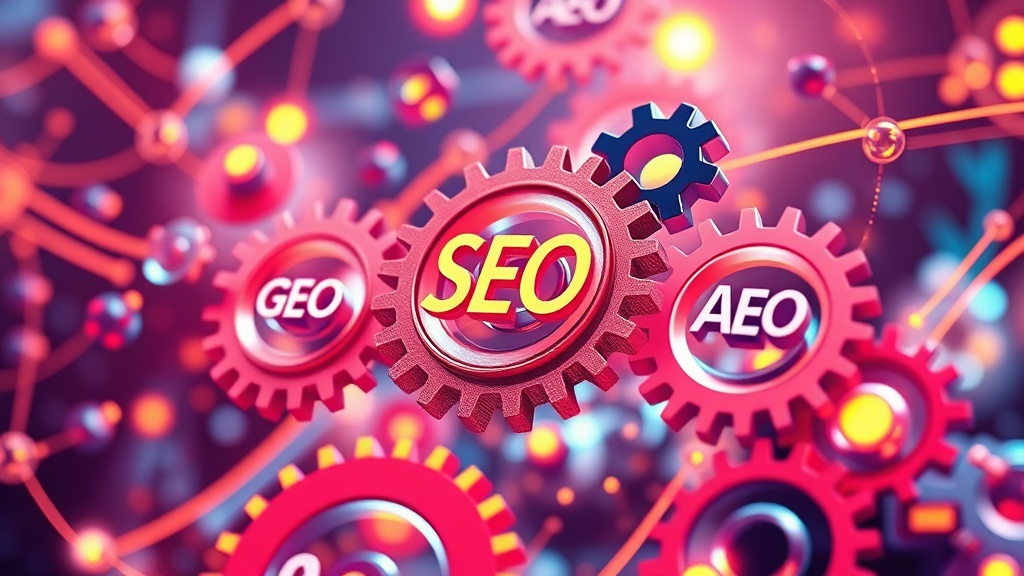 Digital strategies converging in the AI era, represented by interconnected gears of SEO, AEO, GEO, and AIO