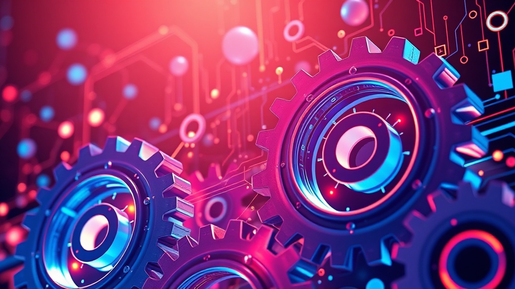 Digital gears symbolizing AI-powered enterprise transformation with data flowing through them, representing a universal technical strategy for future optimization.