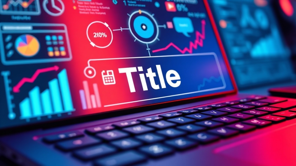 Close-up of a keyboard with 'Title' highlighted on a screen, surrounded by digital marketing analytics and strategic planning tools.